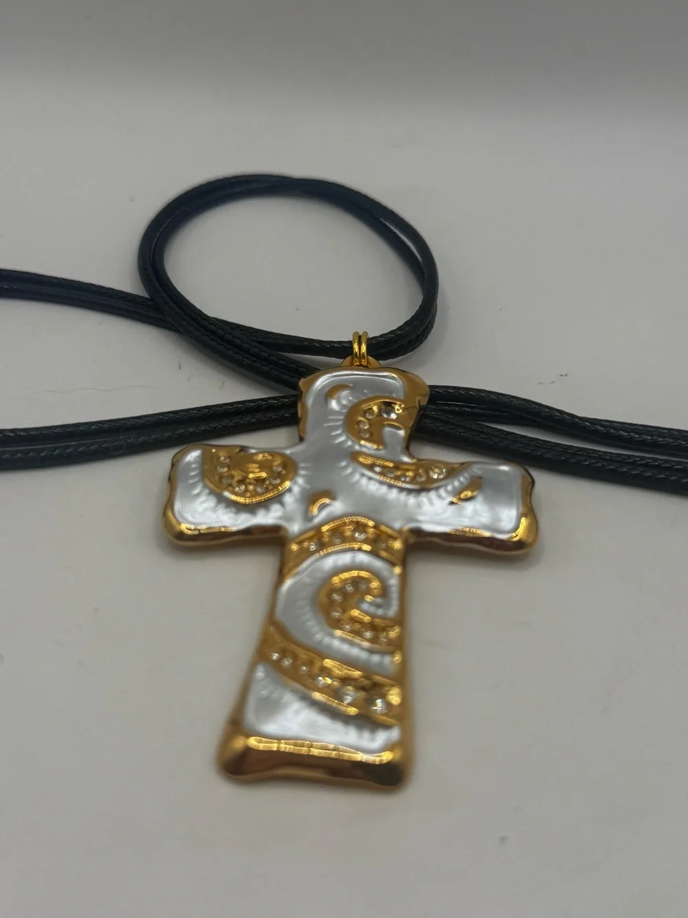 Gold-Tone and White Enamel Cross Pendant Necklace with Rhinestones